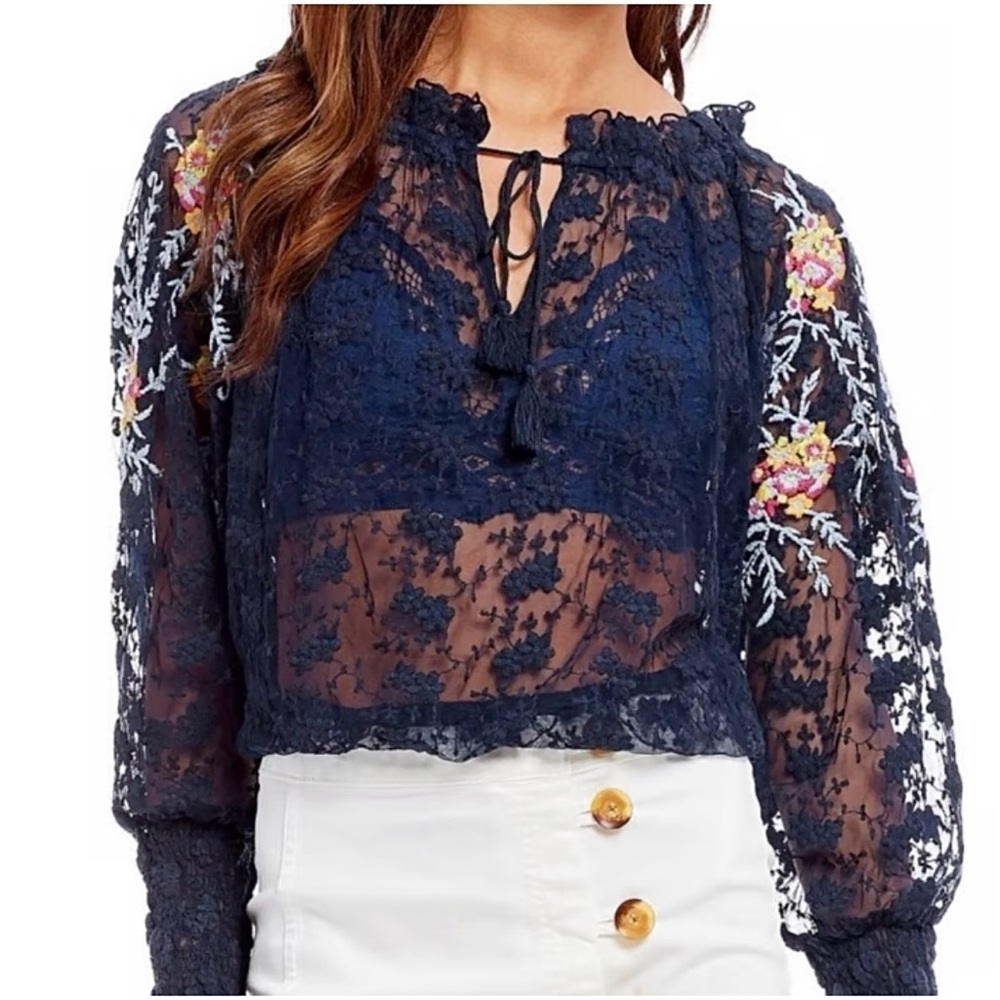 Free People Jubilee Navy Blue Mesh Lace Embroidered Floral Boho Hippie Blouse S